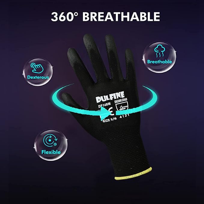 DULFINE Ultra-Thin PU Coated Work Gloves-12 Pairs,Excellent Grip,Nylon Shell Black Polyurethane Coated Safety Work Gloves, Knit Wrist Cuff,Ideal for Light Duty Work. (Large)-VerdiqueGarden