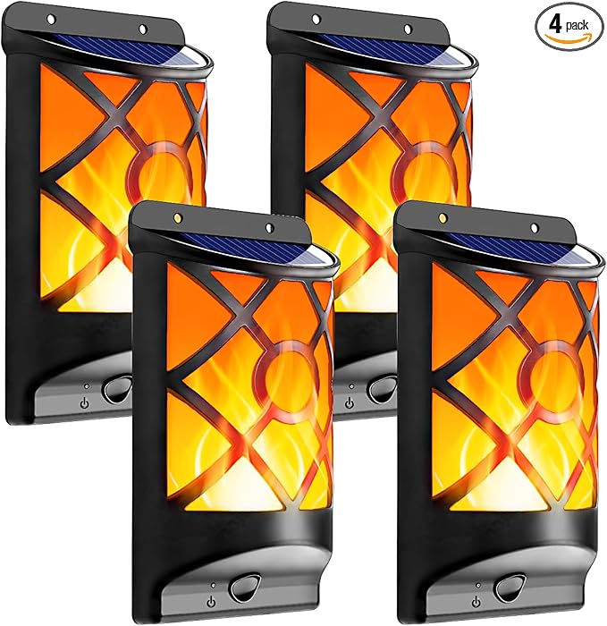 Solar Flame Lights Outdoor, Realistic 3D Flickering Flames with 66 Ultra-Bright LEDs - Waterproof Wall Mount Lanterns for Deck, Fence, Patio, Garden, Auto On/Off (4-Pack Value Set)-VerdiqueGarden