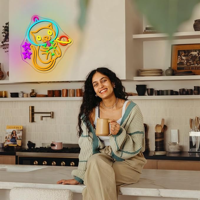 Astronaut Boba Tea Cat Neon Sign Cat Neon Lights for Wall Decor Cute Kitty with Stars Asteroids Anime Led Light Sign for Kids Bedroom Dimsum Store Cofes Bar Milk Tea Shop-VerdiqueGarden