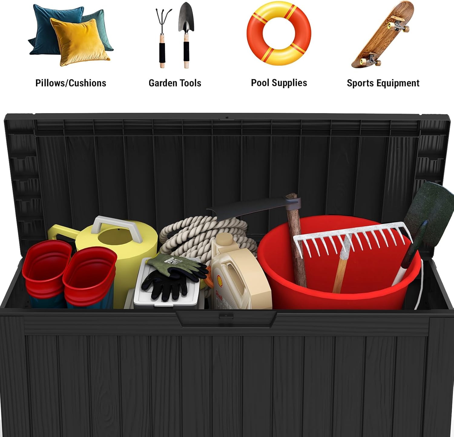 Mars Villa 72 Gallon Deck Box, Outdoor Storage Box Waterproof, Outside Resin Storage Bin for Patio Furniture Cushions, Pool Supplies, Garden Tools, UV-Resistant and Weatherproof, with 4 Wheels, Black-VerdiqueGarden