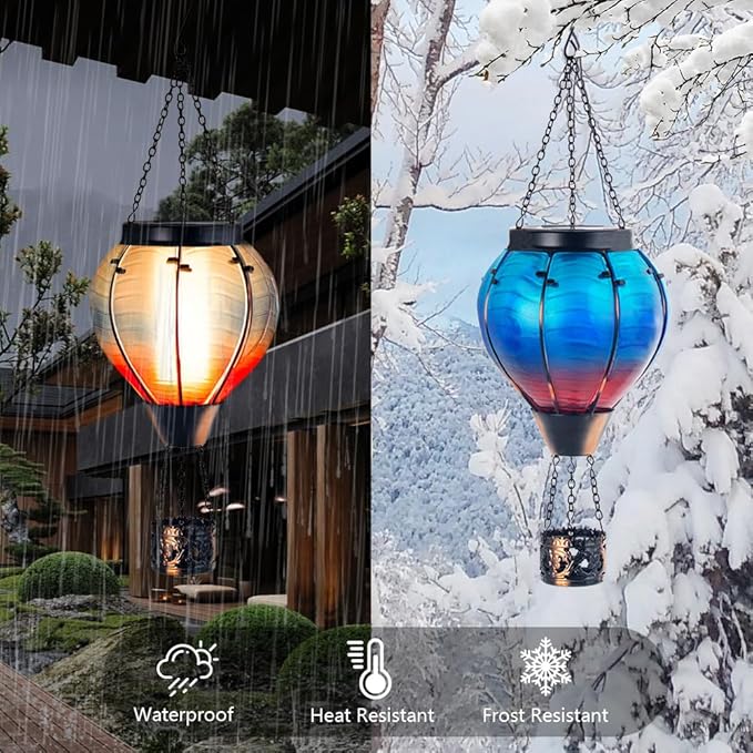 Starsoul Blue Hot Air Balloon Solar Lantern Glass Solar Hot Air Balloon Flickering Flame Hanging Garden Light Waterproof Solar Lamp Hot Air Balloon Garden Yard Farmhouse Decor-VerdiqueGarden