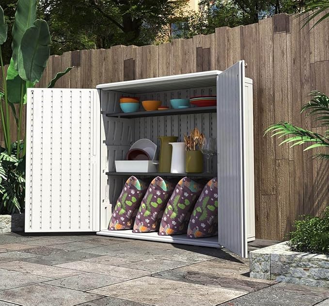 HOMSPARK Indoor/Outdoor Storage Cabinet with Doors and Shelf, 34”x16”x36” HDPE Plastic Storage Box for Patio, Bedroom, Bathroom, Living Room, Balcony, Multi-Purpose for Daily Tools, White-VerdiqueGarden