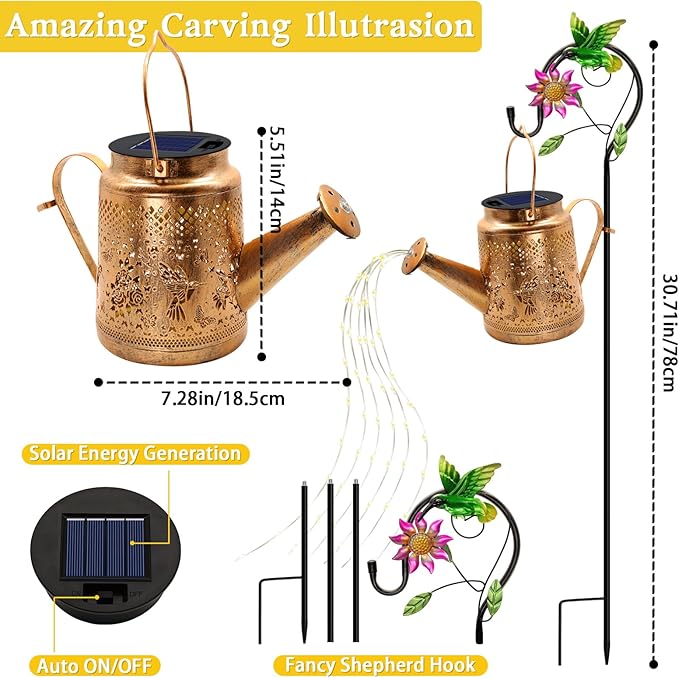 Solar Lanterns Outdoor Waterproof,Hummingbird Watering Can Garden Decor,Hanging Solar Path Lights Yard Art,Outside Patio Decorations Gardening Birthday Gifts for Mom Grandma Women with Shepherd Hook-VerdiqueGarden