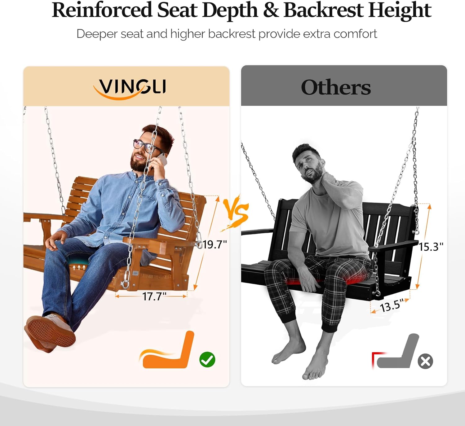 VINGLI XL Size Patio Wooden Porch Swing Outdoor with Cup Holders, Heavy Duty 880 LBS Hanging Swing Chair Bench with Hanging Chains for Yard, Lawn, Garden (4 FT Pro, Brown)-VerdiqueGarden