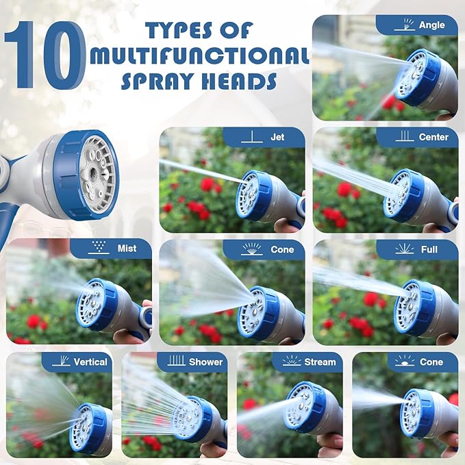 1/2 in × 100 ft Garden Hose Reel,Wall-Mounted Hose Reel with Bottom Drain,180° Rotating Bracket,with 10-Function Sprayer Nozzle,Lockable at Any Length,Equipped with Waterproof Bag(Blue)-VerdiqueGarden