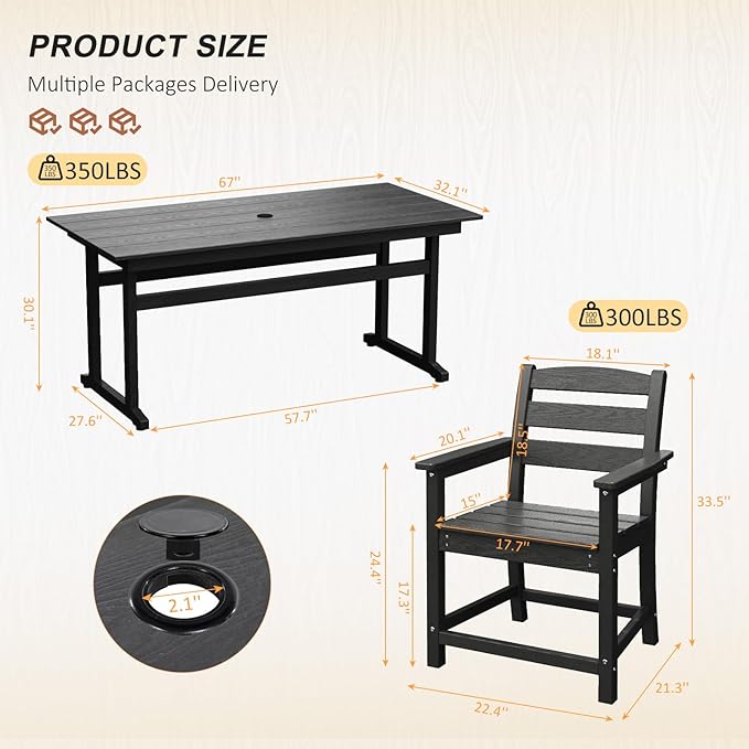 7pcs Outdoor Dining Set, HDPE Patio Dining Set for 6, All-Weather Outdoor Table and Chairs with Umbrella Hole & Adjustable Pads, Modern Patio Furniture Set for Backyard, Poolside &Lawn (Black)-VerdiqueGarden