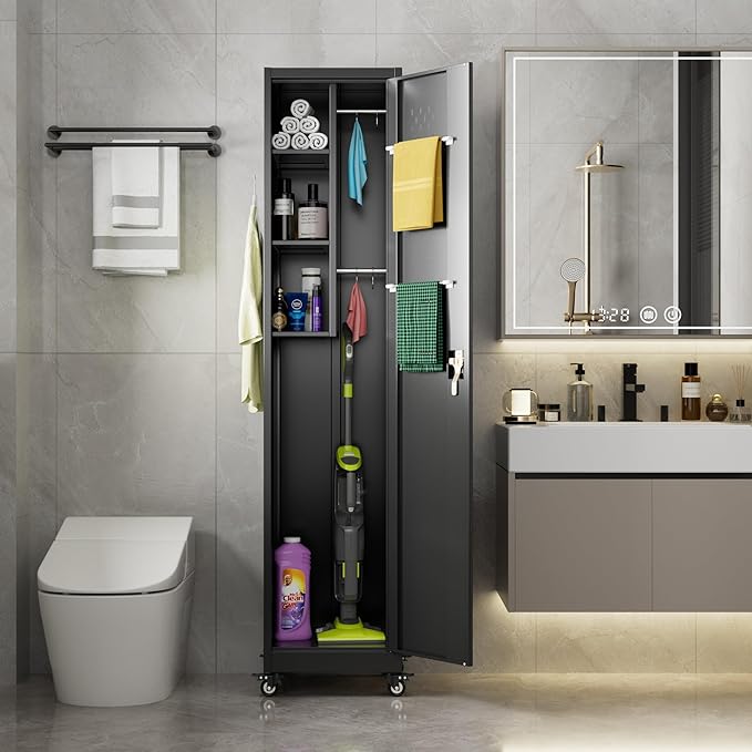 72''H Metal Broom Closet Storage Cabinet with Wheels & Pegboards, Mops Broom Closet Organizer with Locking Door & Hanging Rod,Cleaning Tool Garage Storage Cabinet,Assembly Required,Black-VerdiqueGarden