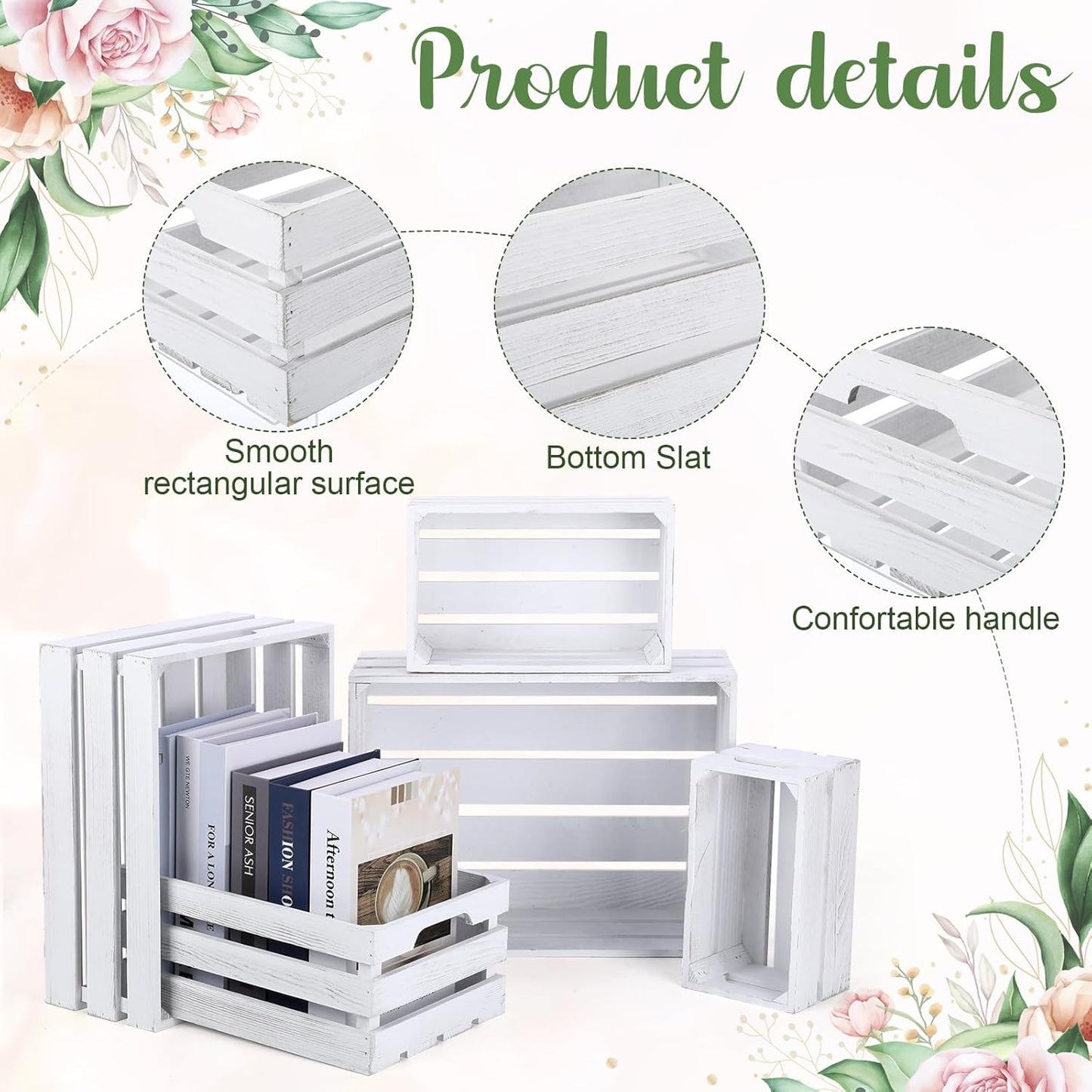 Soaoo 5 Pcs Decorative Nesting Wooden Crates for Storage Display 5 Size Large Small Rustic Wood Decorative Storage Crates with Handle Farmhouse Crate Box Container Made from Pine(Vintage White)-VerdiqueGarden