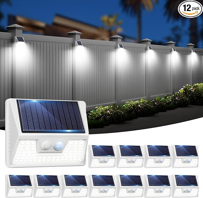 12 Pack Solar Lights Outdoor Motion Sensor, Waterproof Fence Lights with 3 Lighting Mode, Cool White LED Security Deck Lights for Outside Wall Yard Steps Stairs Garden - White-VerdiqueGarden
