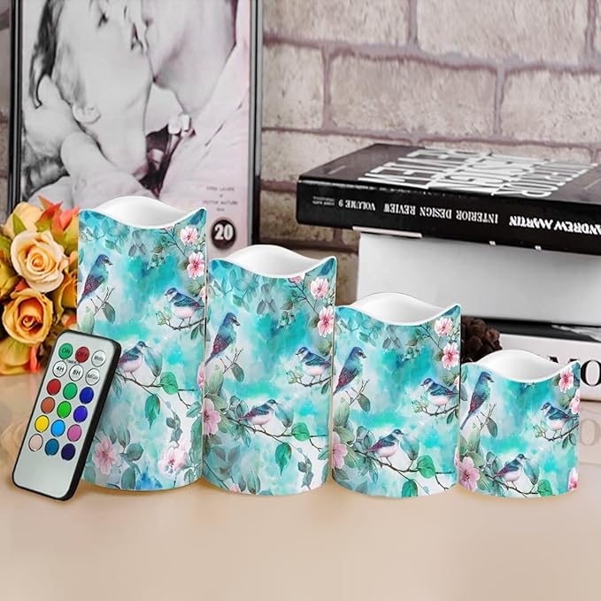 Ystardream Light Candles 4 Pack Battery Operated Color Changing Timer Remote Control Fake Pillar Tealights Beach Wedding Home Indoor Decor Modern Hummingbirds-VerdiqueGarden