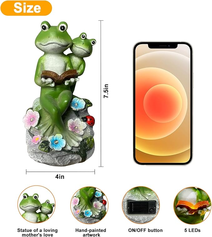 Frog Garden Statue,Frog Garden Decor,Solar Frog Statue Sitting on a Stone Reading a Book with 5 LEDs for Lawn Patio Yard Porch Decoration, Outdoor Garden Decor, yijiayi-008-VerdiqueGarden