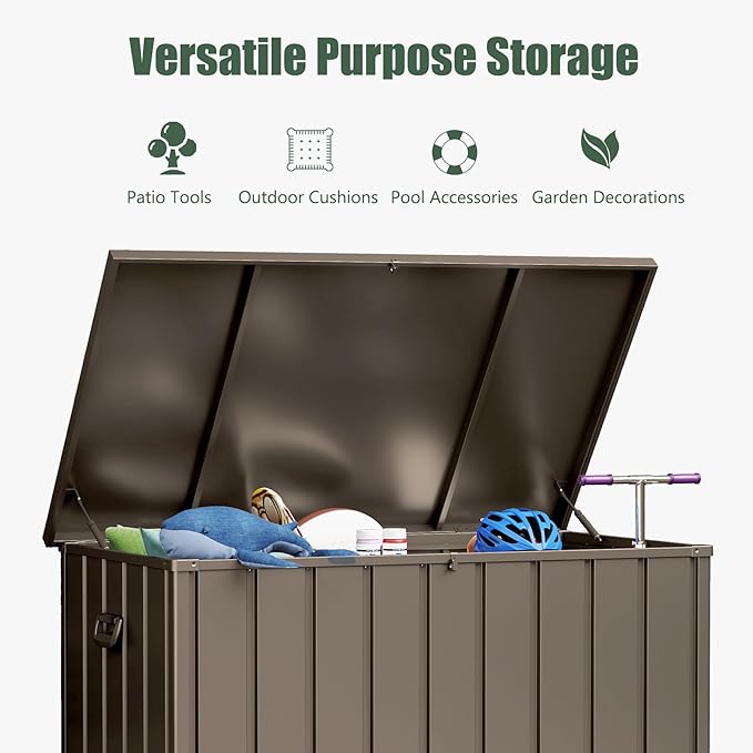 Domi Deck Box 160 Gallon, Waterproof Lockable Steel Outdoor Storage Container for Outside Cushions, Garden Tools and Pools Equipment, Brown-VerdiqueGarden