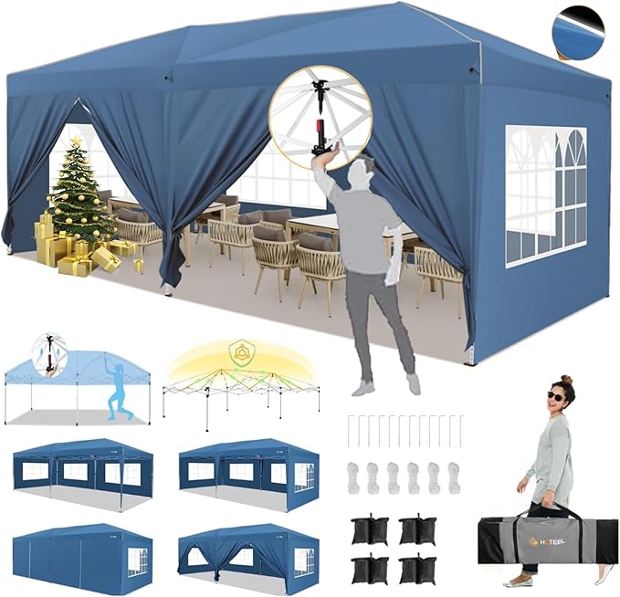 HOTEEL 10x20 Pop up Canopy with 6 Sidewalls, One Push Instant Setup Outdoor Canopy Tent with Reinforce Rod, Weight Bag, for Parties, Events, Blue-VerdiqueGarden