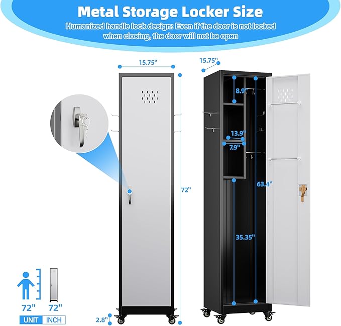 72''H Metal Broom Closet Storage Cabinet with Wheels & Pegboards, Mops Broom Closet Organizer with Locking Door & Hanging Rod,Cleaning Tool Garage Cabinet,Assembly Required,Black White-VerdiqueGarden
