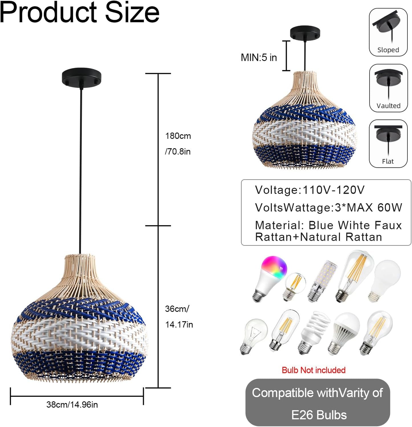 3-Light Rattan Pendant Light 15" Hand-Woven Blue White Wicker Basket Chandelier Boho Faux Rattan Hanging Light,for Living Room Bedroom Kitchen Hallway Dining Farmhouse 1-Pack-VerdiqueGarden