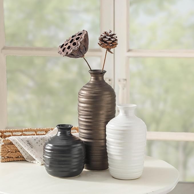 Ceramic Vase Set of 3 Neutral Decorative Vase for Farmhouse, Boho, or Rustic Home Decor Pottery Vases for Living Room Bathroom Table Mantel Fireplace Entryway Shelf (01-Metallic)-VerdiqueGarden