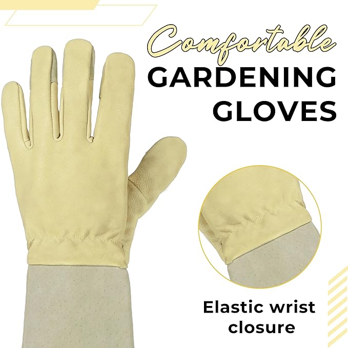 HANDLANDY Rose Pruning Gardening Gloves for Men Women, Thorn Proof Forearm Protection Leather Garden Gloves, Gardening Gifts for Gardeners (Beige- Goatskin, X-Large (Pack of 1))-VerdiqueGarden