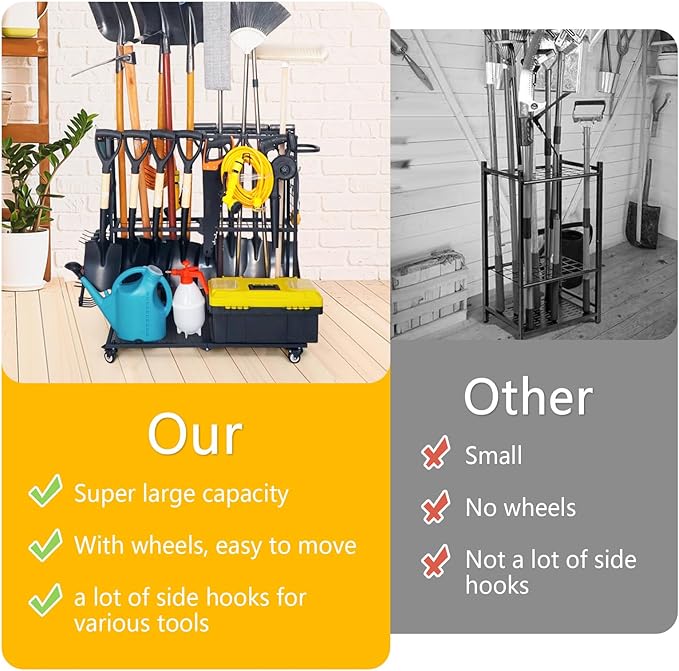 Garden Tool Organizer - Heavy Duty Garage Storage and Organization with Wheels - Large Garden Tool Storage Holder for Lawn Yard Patio Shed,Garage Shovel Rack-VerdiqueGarden