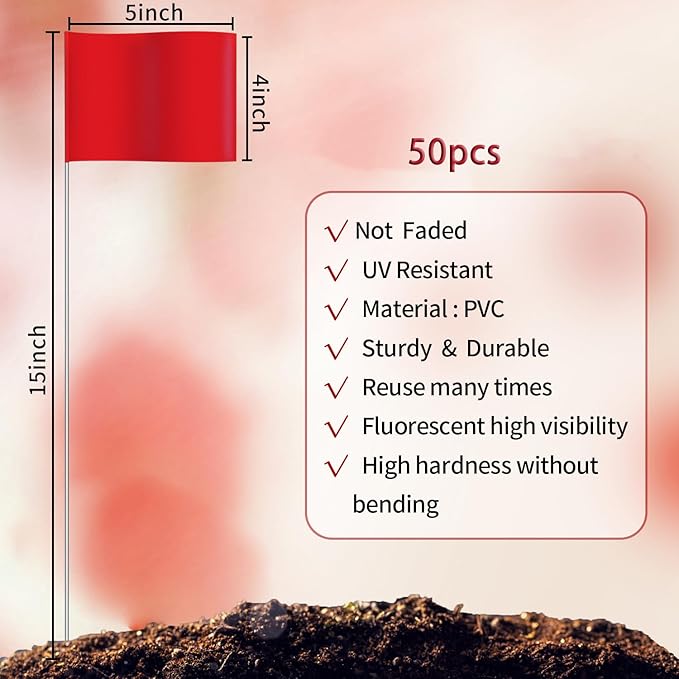 Zozen 50Pack Red Marking Flags, Writable/15x4x5 Inch, Yard Flags for Lawn & Irrigation & Landscape & Sprinkler & Survey & Dog Training.-VerdiqueGarden