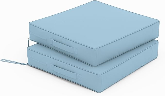 Patio Chair Cushions 17 X 16 X 3 Inch Waterproof Outdoor Seat Cushions for Patio Furniture, Outdoor Sofa Couch Pads with Ties & Handle, Set of 2, Light Blue-VerdiqueGarden