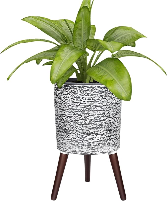 12 Inches Plant Pots with Stand Mid Century Flower Pots with Wood Legs Large Mode Cylinder Planter with Drainage Holes for Indoor Plants,Garden,Decorative-Grey-VerdiqueGarden