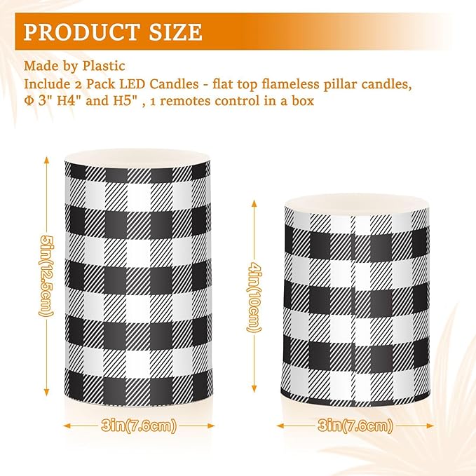 Flickering Flameless Candles, Black White Buffalo Plaid LED Candles with Remote Timer, Set of 2 Battery Operated Candle for Valentine Wedding Birthday-VerdiqueGarden