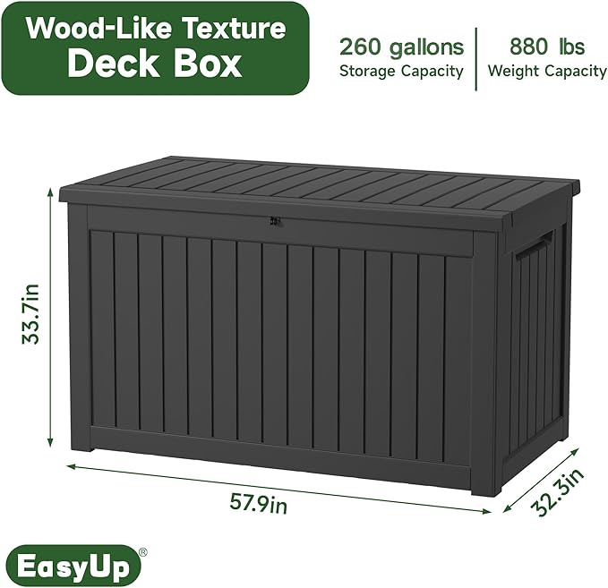 260 Gallon Outdoor Storage Box Waterproof, UV Resistant Resin Deck Box with Hydraulic Rod, Lockable Design and Enhanced Durability for Patio, Garden, and Poolside Use-VerdiqueGarden