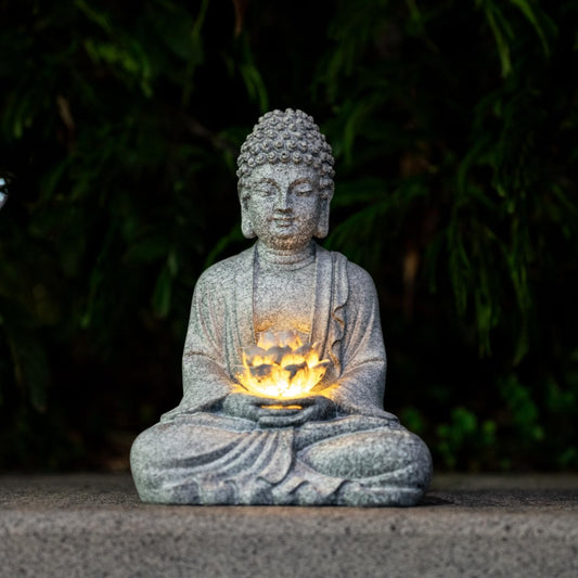 Buddha Lotus Statue with Solar Lights, Resin LED Figurine for Garden Decor – Unique Gift for Women and Friends(Grey Buddha)-VerdiqueGarden