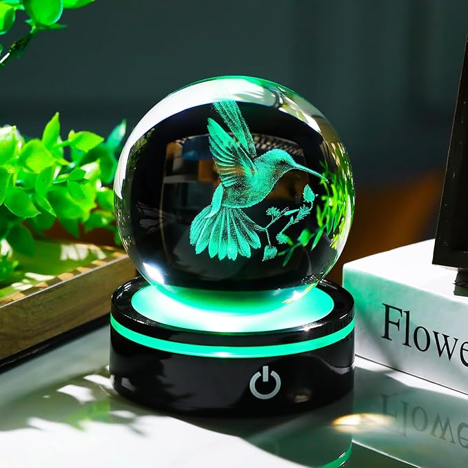 YWHL 3D Crystal Ball Hummingbird Figurine with LED Base, Hummingbird Gifts for Women Men Hummingbird Lovers on Christmas Birthday, Hummingbird Ornament Glass Decorative Ball for Home Decor (80mm)-VerdiqueGarden