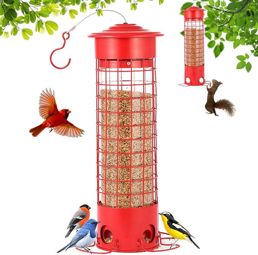 Squirrel Proof Bird Feeder for Outdoors, Weatherproof Metal Feeder, 4.5 lb Large Capacity, Weight-Activated Perches, Hanging Feeder for Cardinals, Finches, Wild Birds, Red-VerdiqueGarden
