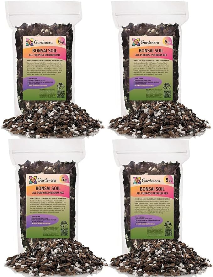 Premium Bonsai Soil All Purpose Fast Draining Mix - 20 Quart - Pumice, Lava, Calcined Clay and Pine Bark Potting Pre Mixed Bonsai Plant Soil Mixture by GARDENERA - Made in USA - (4 Bags of 5QT)-VerdiqueGarden