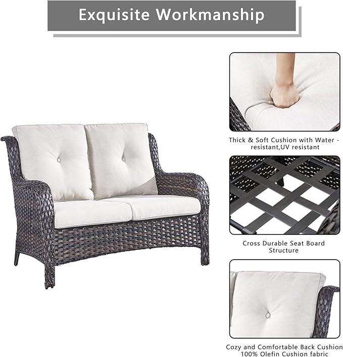 Outdoor Wicker Patio Furniture Set - 5 Piece Rattan Patio Conversation Set with 2 Rocking Swivel Chairs,2 Ottomans and 1 Loveseat for Porch Deck Backyard Garden(Brown/Beige)-VerdiqueGarden