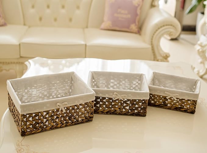 Rectangular Woven Seagrass Storage Bins with Handle,Kingwillow. (water hyacinth, Set of 3)-VerdiqueGarden