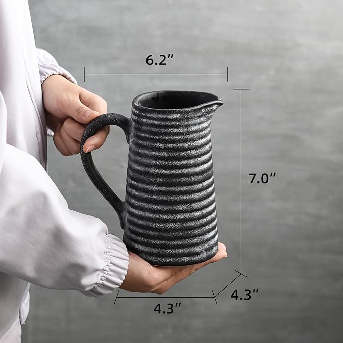 Quoowiit Ceramic Rustic Vase with Handle, Black Distressed Decorative Farmhouse Pitcher Vase for Home Decor Living Room Bedroom Kitchen Office Shelf Decor Centerpiece Table Decoration-VerdiqueGarden