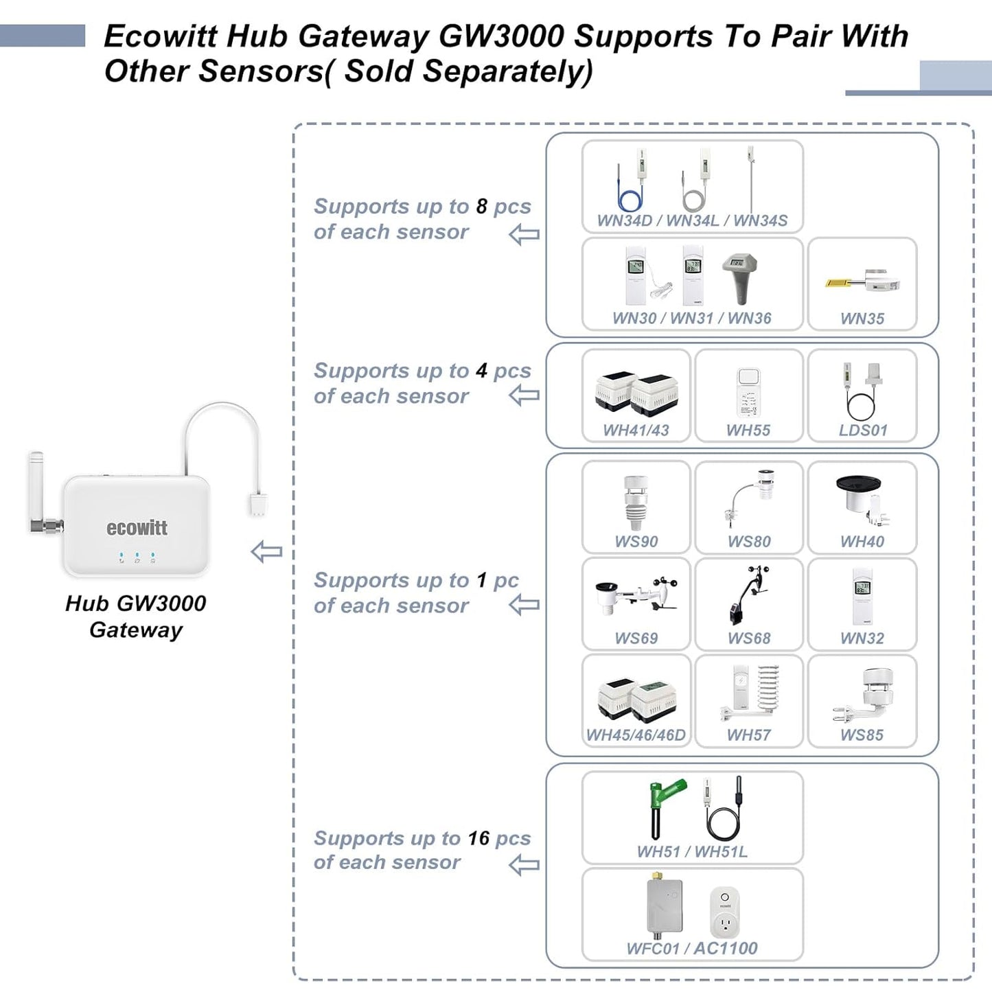 Ecowitt GW3000 Wi-Fi & Ethernet Weather Station Gateway, with Built-in Temperature, Humidity and Barometric Sensors with SD Card Port, 915 MHz-VerdiqueGarden