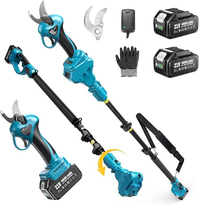 Seesii 2-in-1 Cordless Electric Pruning Shears with Pole, 15Ft Reach, 1.2" Cutting Diameter, 21V 2x 4000mAh Batteries, Battery Powered Tree Pruner with Brushless Motor for Efficient Branch Trimming-VerdiqueGarden