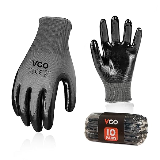 Vgo... 10-Pairs Safety Work Gloves, Gardening Gloves, Non-slip Nitrile coating, Dipping Gloves (Size XL, Gray, NT2110)-VerdiqueGarden