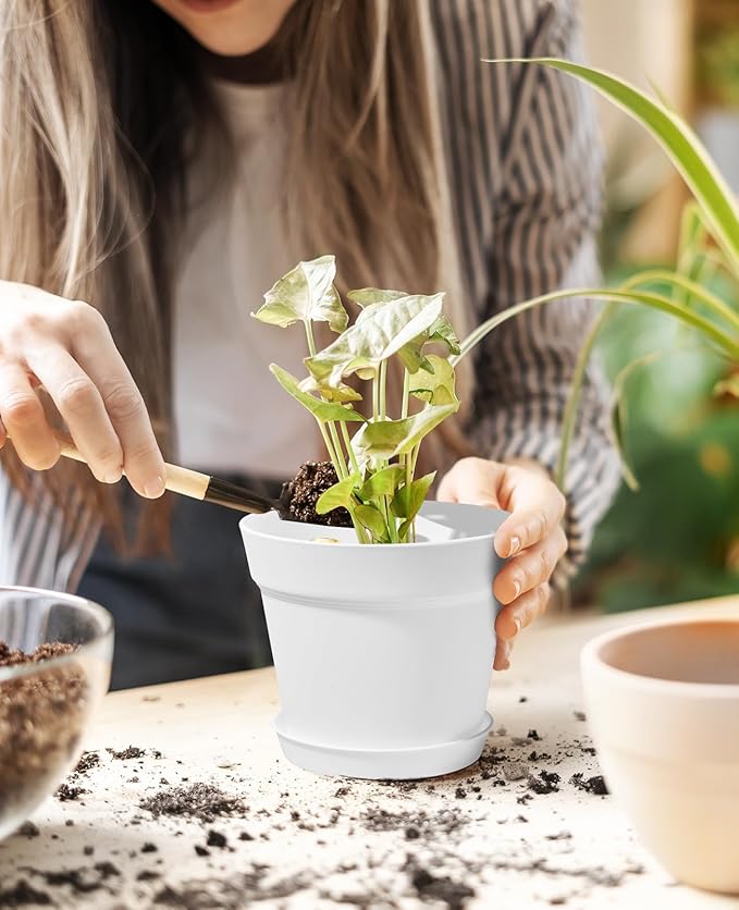 Homenote Pots for Plants, 8 Pcs 7.5 Inch Plastic Planters with Multiple Drainage Holes and Tray - Plant Pots for All Home Garden Flowers Succulents, Cream White-VerdiqueGarden