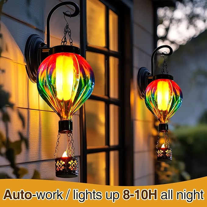 Hot Air Balloon Solar Lantern Outdoor Waterproof with Flickering Flame Gifts for Women Grandma Mom Glas Hanging Solar Lights Decorative for Outside Wall Front Porch Yard Garden Fence-VerdiqueGarden