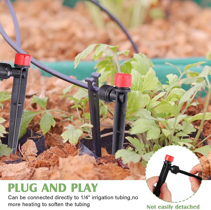 100 Pcs Drip Irrigation Emitters for 1/4'' Irrigation Tubing Adjustable Water Flow Drip Emitters with Stake Drip Irrigation System Irrigation Drippers with 360 Degree Sprayer for Garden Patio-VerdiqueGarden