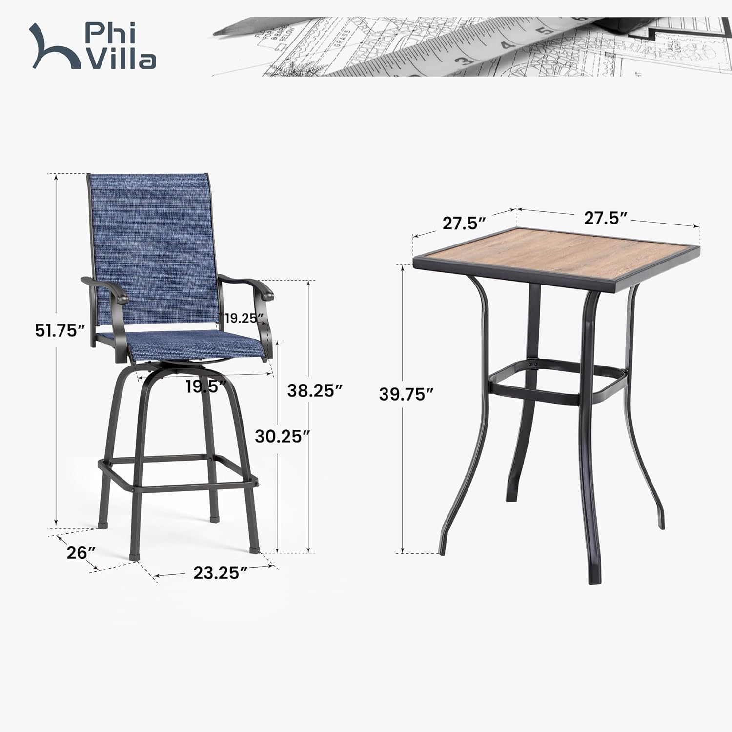 PHI VILLA 3Pcs Outdoor Swivel Bar Stools Set, Bar Height Patio Table and Chairs with All Weather Textilene Fabric, Pub Bar Bistro Tall Furniture Set for Outdoor, Blue-VerdiqueGarden