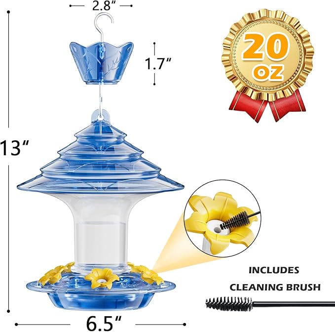 Birdream Hummingbird Feeder for Outdoors Hanging, 20oz Hummingbird Feeders with 5 Bee Guard Feeding Ports & Built-in Ant Moat Brush Leak-Proof for Outside Gifts for Women - Blue-VerdiqueGarden