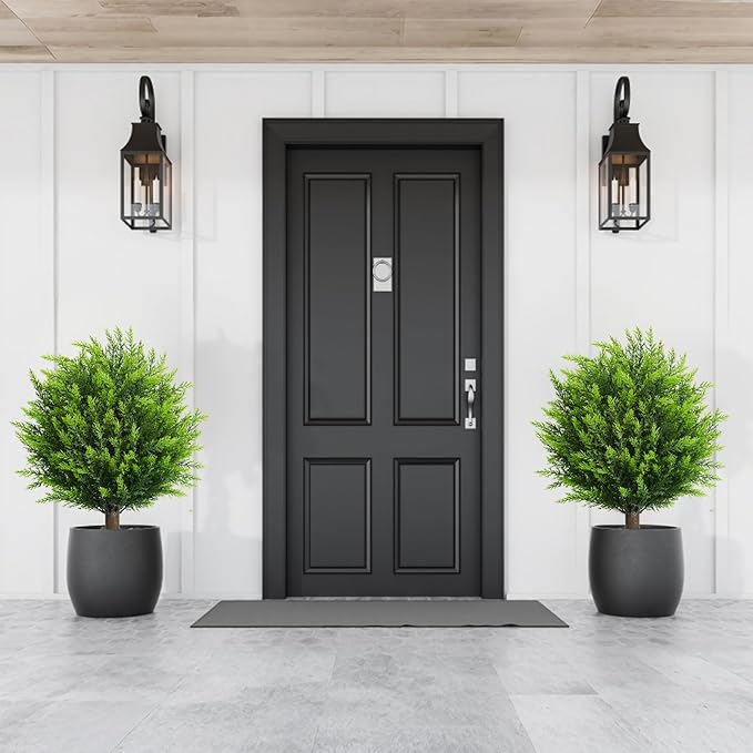 26.5" Artificial Cedar Topiary Ball Trees, Set of 2 UV Resistant Fake Evergreen Trees Shrubs Bushes Artificial Plants with Ground Spike Faux Cypress Plants for Indoor Outdoor Front Porch Garden-VerdiqueGarden