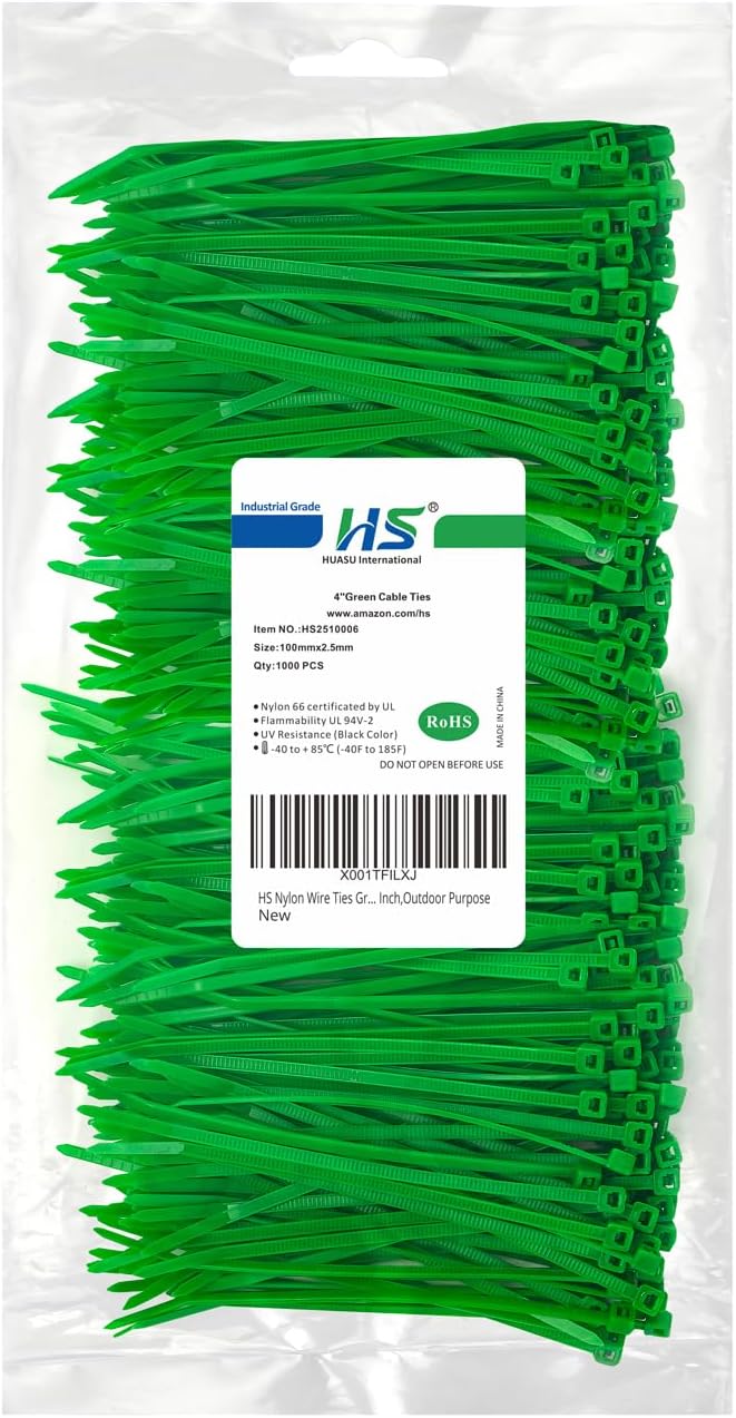 HS Nylon Wire Ties Green Zip Ties 1000 Pieces 18 Lbs Garden Fence Cable Ties 4 Inch,Outdoor Purpose-VerdiqueGarden
