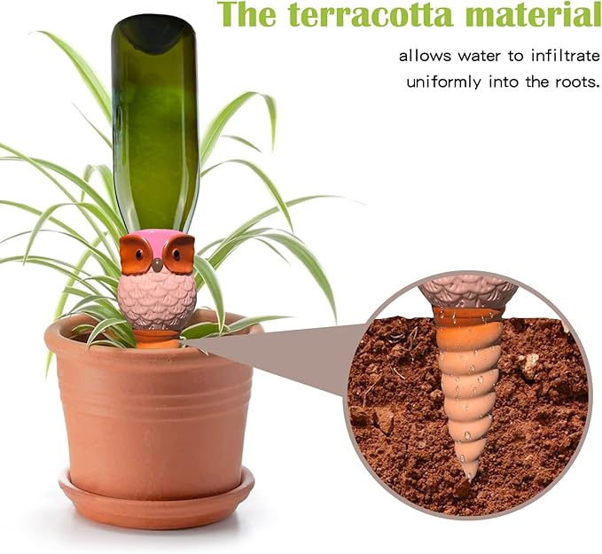 Hunthawk Plant Watering Stakes Owl, Self Watering Spikes Automatic Terracotta Spiral Devices with Irrigation Watering System for Outdoor Indoor Plants 6 Pcs-VerdiqueGarden