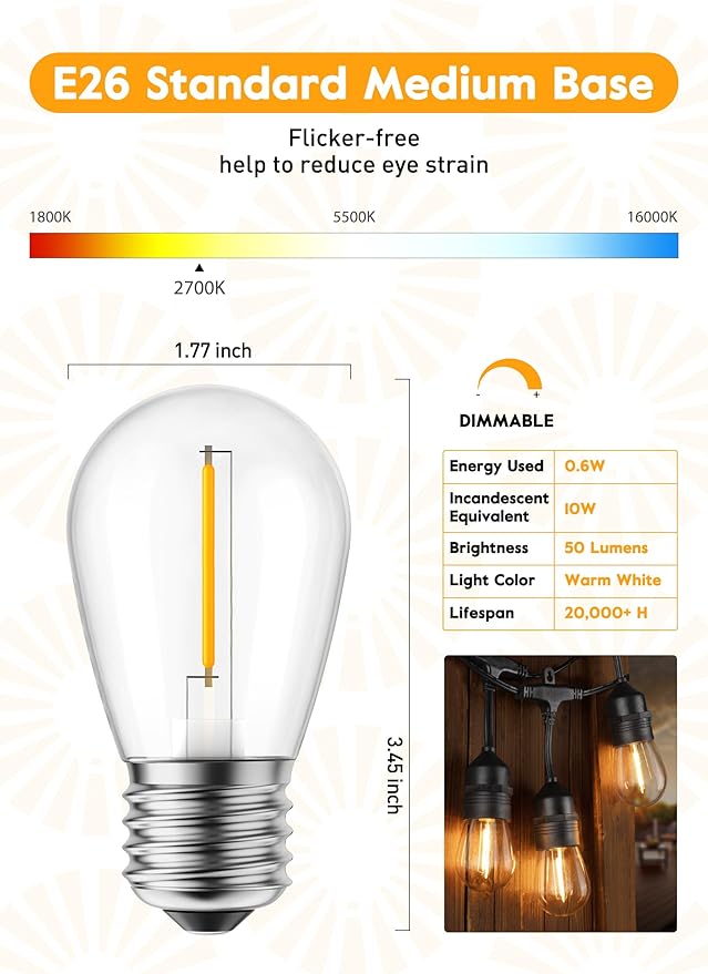Moonflor 25 Pack LED S14 Replacement Light Bulbs, Shatterproof E26 Medium Base Edison Vintage Bulbs Equivalent to 11 W, Fits for Commercial Outdoor Patio Garden Vintage Lights, 2700K, Warm White-VerdiqueGarden