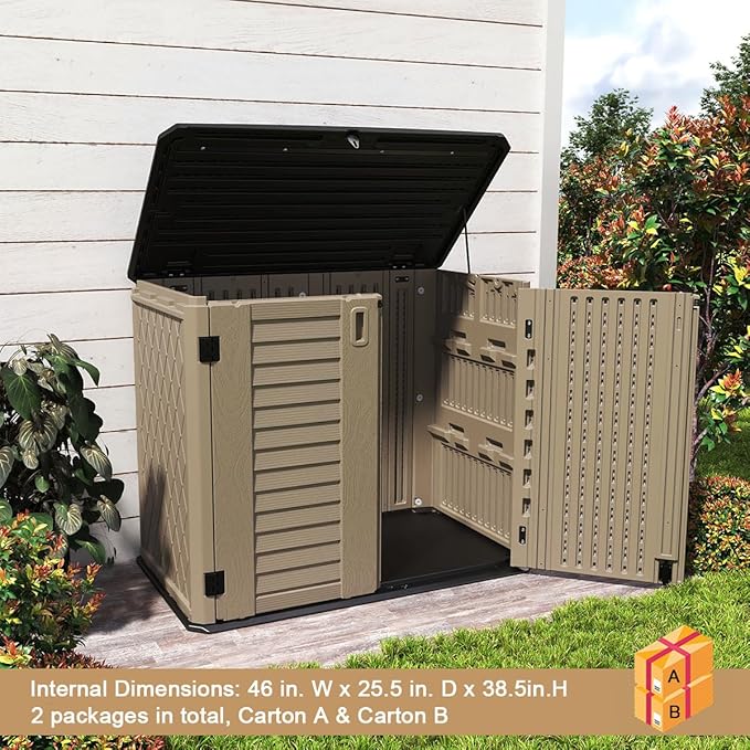 KINYING Outdoor Storage Shed - Horizontal Storage Cabinet Waterproof for Garden, Patio, Backyard, Storage Box for Easy Storage of Garbage Cans, Tools, Lawn Mower, 35 Cubic Feet,Dark Brown-VerdiqueGarden