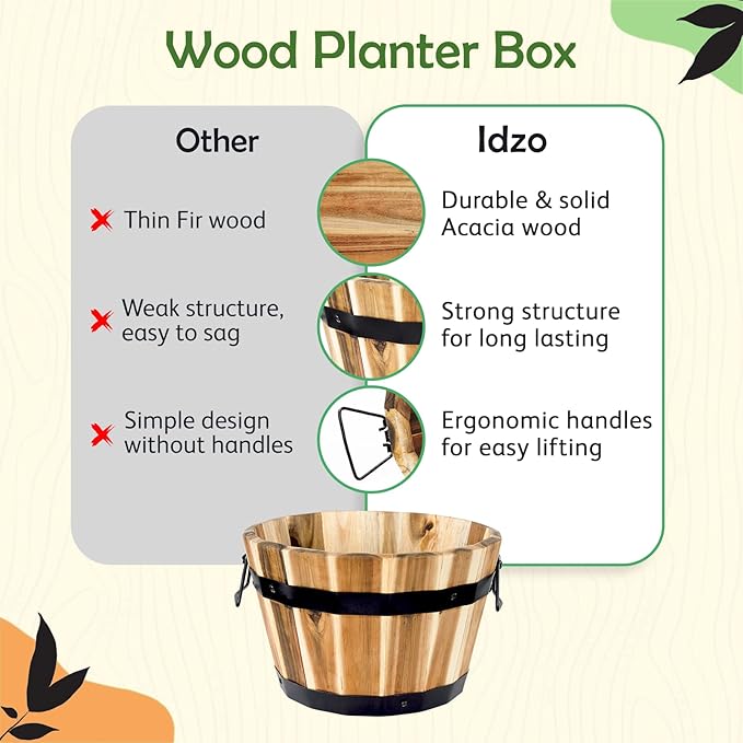 Idzo Set of 3 Wooden Flower Boxes Outdoor, Durable Acacia Wood Barrel Planters for Outdoor Plants with Ergonomic Handles, Drainage Holes, Multiple Sizes Wood Bucket Planter for Home Decor-VerdiqueGarden