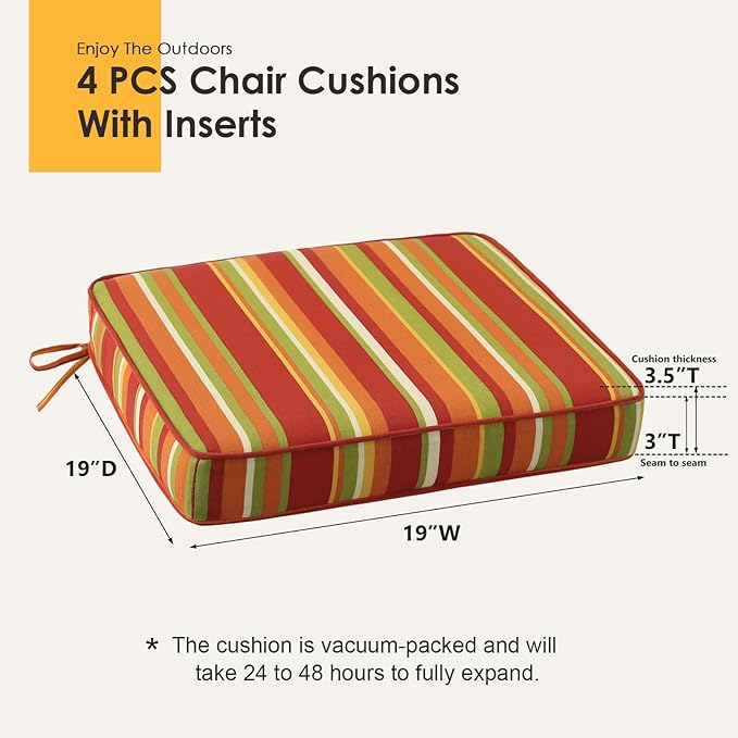 Outdoor Square Corner Seat Cushion, 19"x19"x3", Set of 4, Non Slip Seat Cushion Pads with Removable Cover for Patio Furniture, Garden Yard Lawn, Rainbow Stripe-VerdiqueGarden