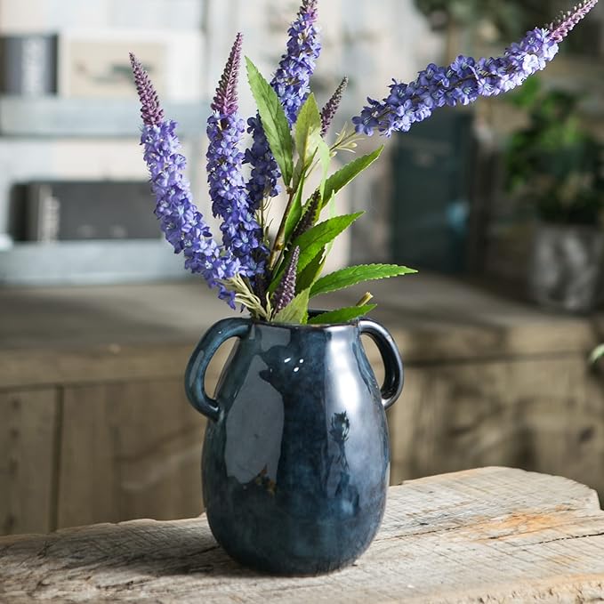 Blue Ceramic Vase with 2 Handles, Modern Farmhouse Decor, Rustic Terracotta Pottery, Decorative Flower Vases, Clay Small Vase, Centerpiece for Dining Table - 7 Inch Tall-VerdiqueGarden